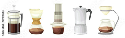 Coffee Brewing with Coffeemaker and Percolator as Cafe Cooking Appliance Vector Set