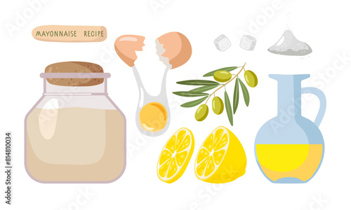 Ingredients for making mayonnaise sauce. Mayonnaise recipe. Jar of sauce and ingredients. Hand drawn doodle sketch isolated on white. Flat vector Food template for menu, recipe, shop, cooking classes