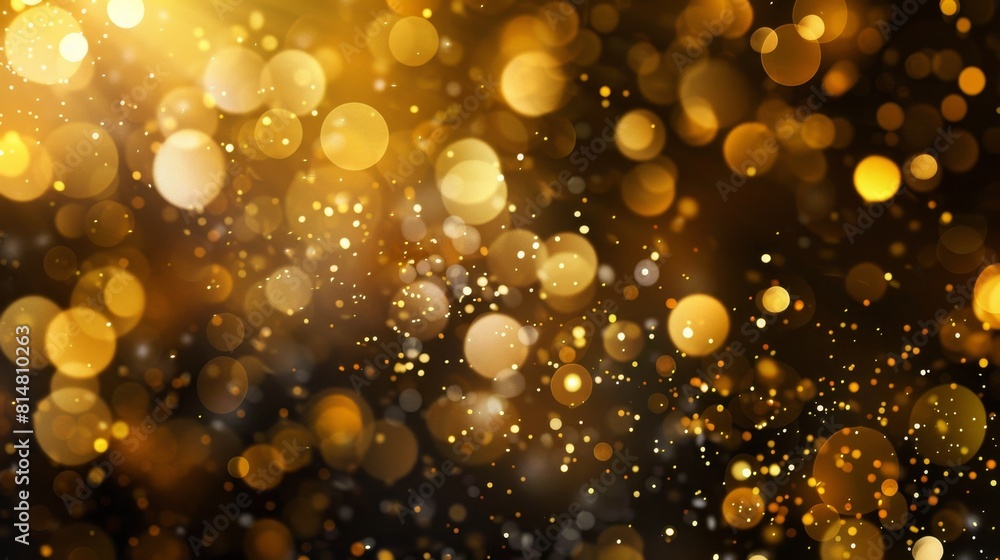 Abstract background with golden blurred bokeh highlights and rays of light on a black background, sparkling with gold dust. Generative AI. Abstract background with golden blurred bokeh highlights and rays of light on a black background, sparkling with gold dust. Generative AI.