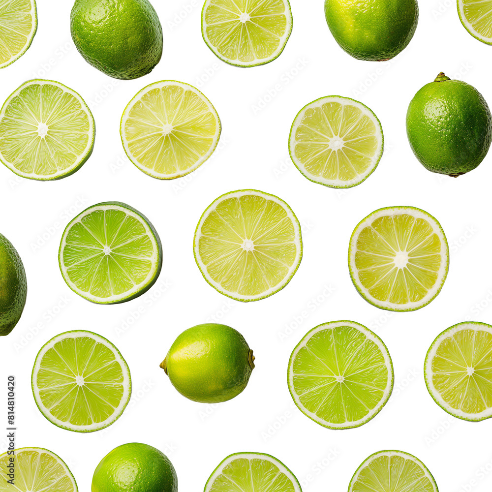 Fototapeta premium A pattern of whole and halved fresh green limes arranged against a black background. 