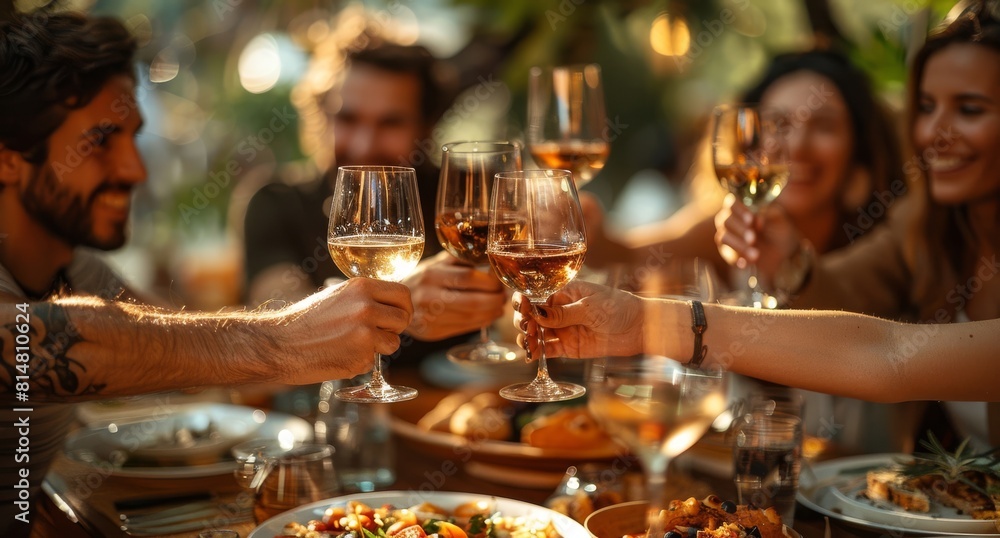 Friends sharing a joyful toast with glasses of wine at an outdoor dinner