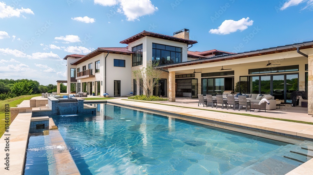 A large house with a pool.