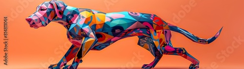 3D canine figure adorned with colorful geometric tattoos, side view, Tattooed tailwagger, digital binary as object, colored pastel photo