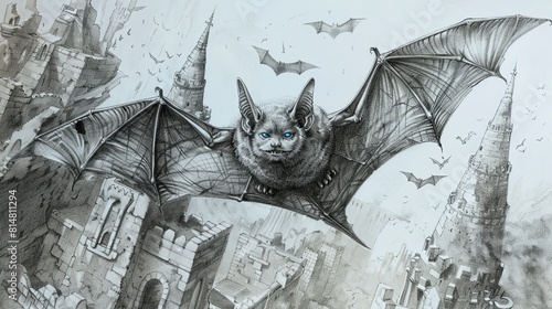 Black pencil drawing for Halloween. A majestic bat with glowing eyes gracefully flies over an ancient castle