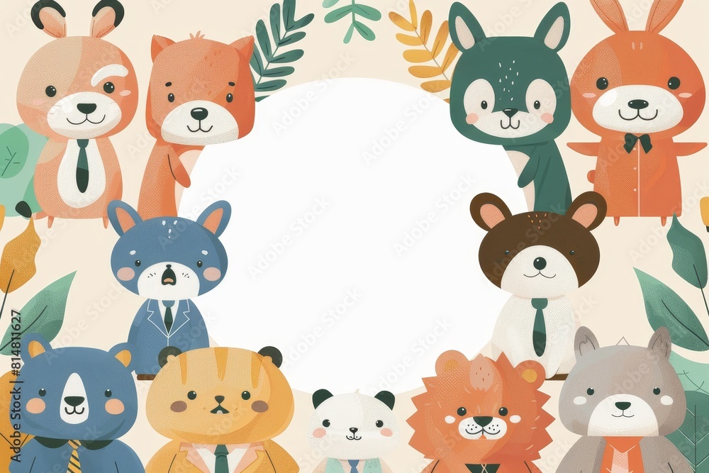 A white circle in the center of an illustration surrounded by cartoon animals wearing business attire. A white circle in the center of an illustration surrounded by cartoon animals wearing business attire.