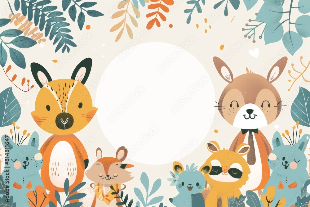 A white circle in the center of an illustration surrounded by cartoon animals wearing business attire. A white circle in the center of an illustration surrounded by cartoon animals wearing business attire.