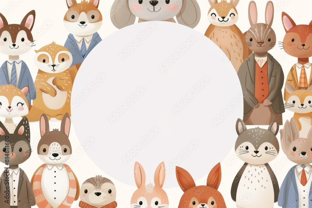 Obraz premium A white circle in the center of an illustration surrounded by cartoon animals wearing business attire.