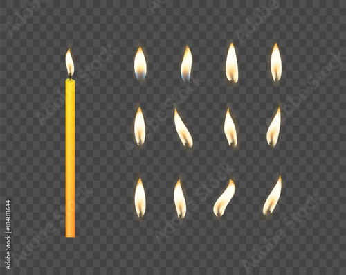 3d realistic white and paraffin or wax burning party candle and different flame of a candle icon set closeup isolated. Vector