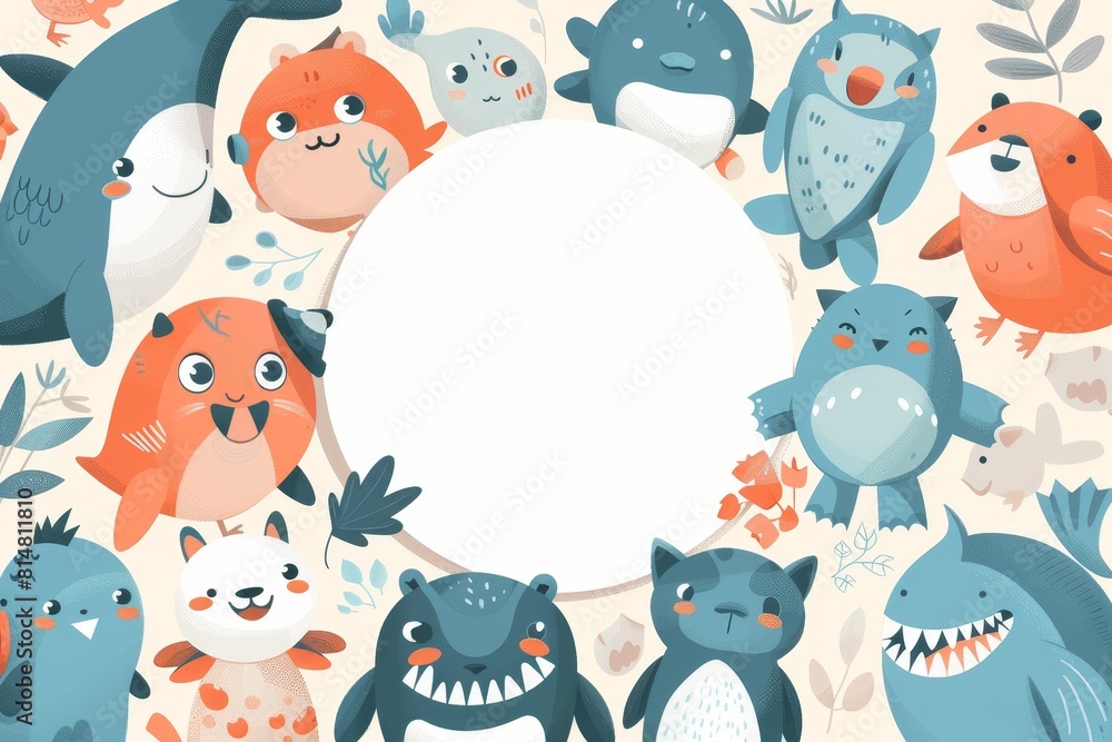 A white circle in the center of an illustration surrounded by cartoon animals wearing business attire. A white circle in the center of an illustration surrounded by cartoon animals wearing business attire.