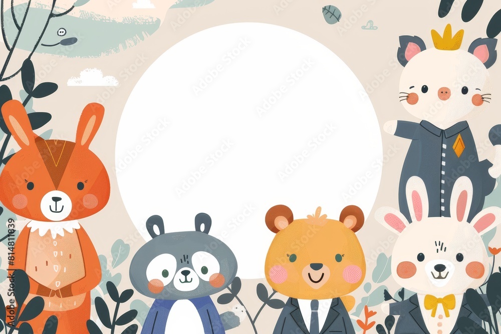 A white circle in the center of an illustration surrounded by cartoon animals wearing business attire. A white circle in the center of an illustration surrounded by cartoon animals wearing business attire.