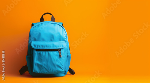Blue backpack on orange background, front view, mockup template for product presentation, flat lay, copy space concept design, in the style of high resolution photography, studio shot, in the style of