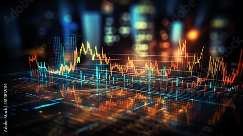 Financial market trend graph  theme stock analysis  top view  tracking market shifts  futuristic tone  vivid