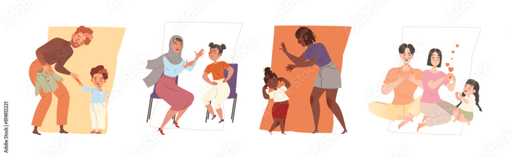 Mom and Dad Talking to Her Son and Daughter Vector Set Mom and Dad Talking to Her Son and Daughter Vector Set