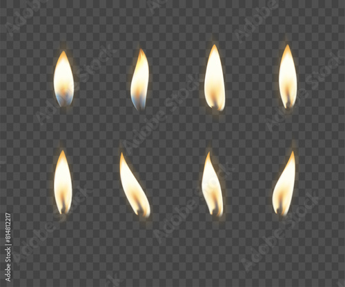 3d realistic white and paraffin or wax burning party candle and different flame of a candle icon set closeup isolated. Vector