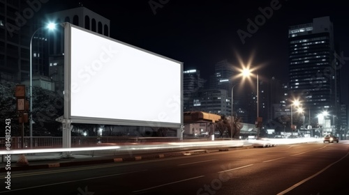 Blank white billboard on a night city view backgroung.