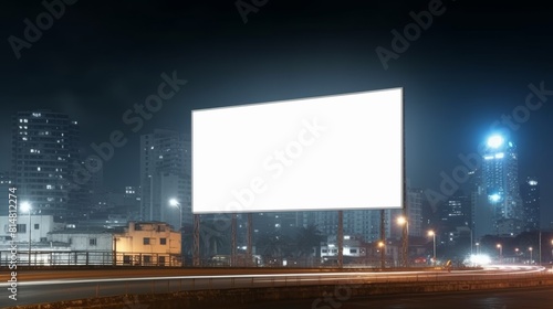 Blank white billboard on a night city view backgroung.