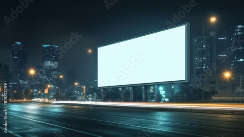 Blank white billboard on a night city view backgroung.