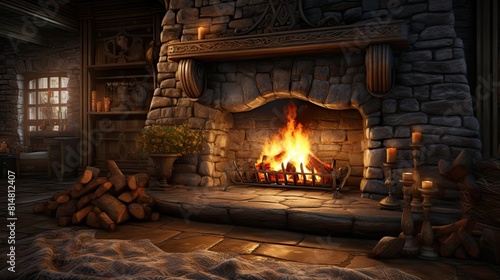 Cozy fireplace with crackling flames