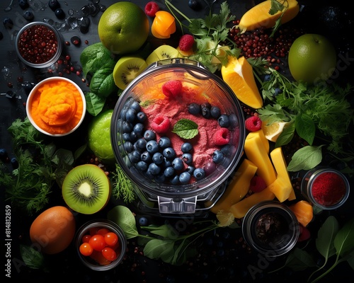 Vitaminpacked smoothie preparation, theme healthy drinks, top view, blend of health, technology tone, Complementary Color Scheme photo