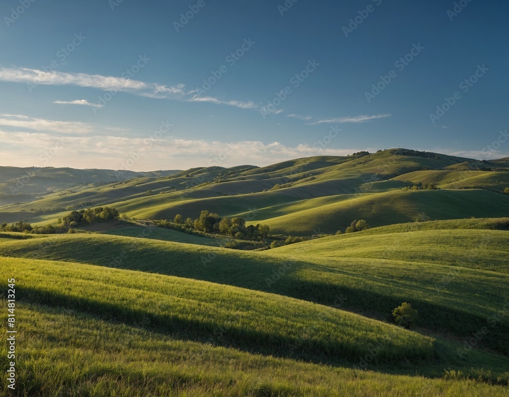 Indulge in the beauty of a countryside landscape with rolling hills and a clear blue sky.