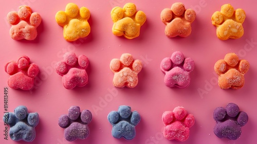 Dog treats arranged in a paw print pattern, playful and colorful photo