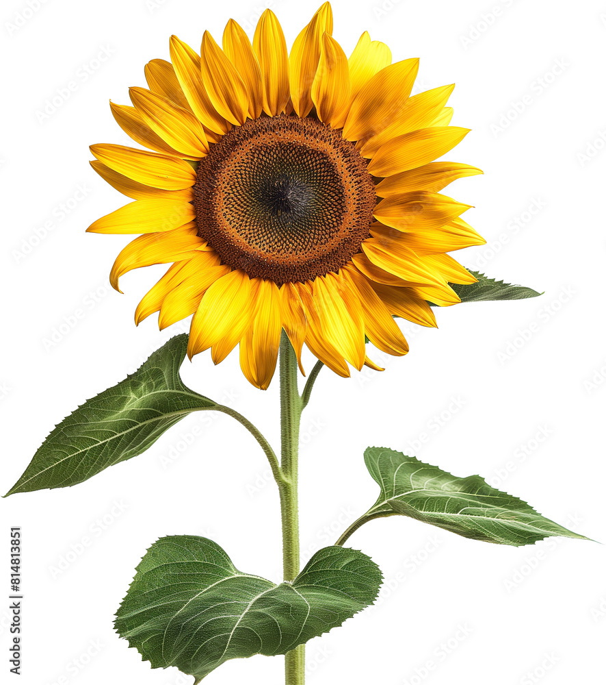 Obraz premium A bright yellow sunflower with a green stem and leaves, displaying its round central disk and vibrant petals.