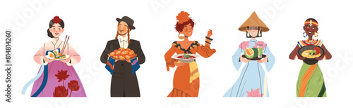 Gastronomic Tourism with People Character Holding Authentic Dish of Native Cuisine Vector Illustration Set
