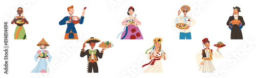 Gastronomic Tourism with People Character Holding Authentic Dish of Native Cuisine Vector Illustration Set
