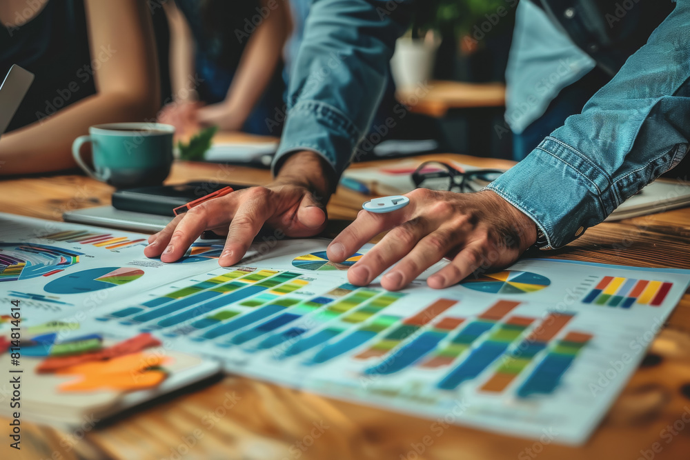 Fototapeta premium Hands business team having a meeting to analyze data graph charts for a marketing plan.