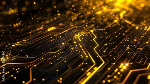 A close-up image of a black and gold circuit board with yellow glowing lines.