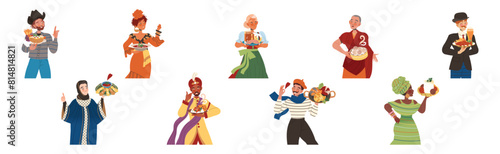 Gastronomic Tourism with People Character Holding Authentic Dish of Native Cuisine Vector Illustration Set