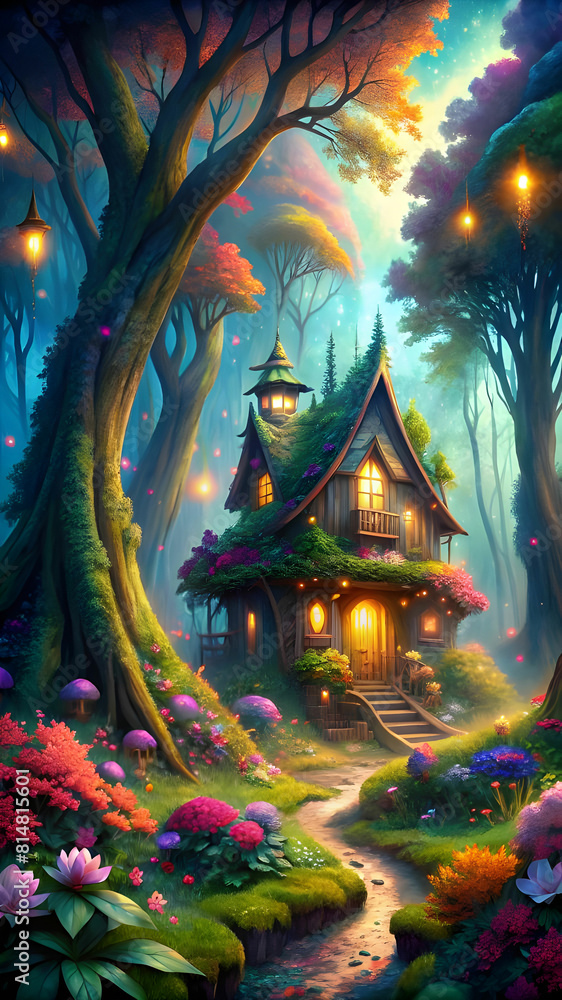 Fantasy House Night Glowing Lights View, Dense Forest, Flower and trees Mobile and Desktop Wallpaper Fantasy House Night Glowing Lights View, Dense Forest, Flower and trees Mobile and Desktop Wallpaper
