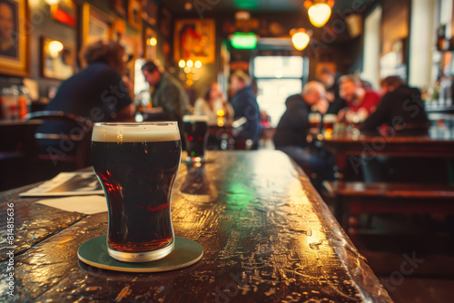 A lively Irish pub filled with laughter and music, where friends gather to share pints of Guinness and Irish folk songs. Concept of cultural conviviality and camaraderie. Generative Ai. photo