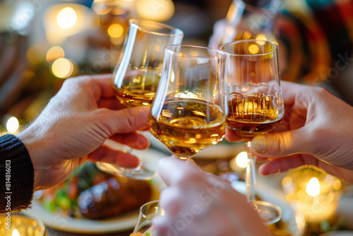A group of Scottish friends enjoying a traditional Burns Supper, reciting poetry and toasting to the haggis with a dram of whisky. Concept of cultural tradition and conviviality. Generative Ai.