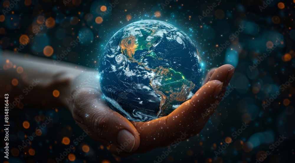 Hand holding a glowing digital Earth amid a magical starry backdrop Hand holding a glowing digital Earth amid a magical starry backdrop