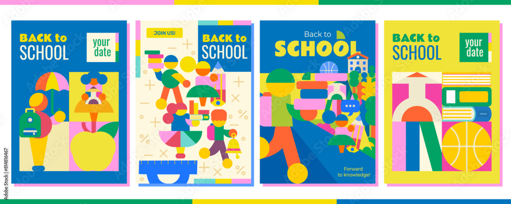 Set of 4 Back to School Posters. Modern, bright with a variety of school supplies and children who are in a hurry to learn. For announcements, advertisements, invitations, posters and much more