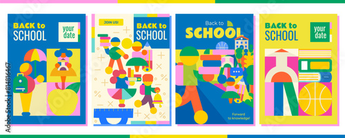 Set of 4 Back to School Posters. Modern  bright with a variety of school supplies and children who are in a hurry to learn. For announcements  advertisements  invitations  posters and much more