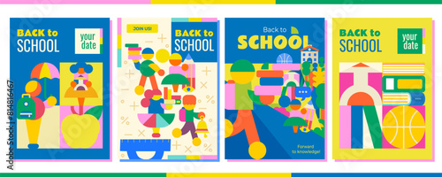 Set of 4 Back to School Posters. Modern, bright with a variety of school supplies and children who are in a hurry to learn. For announcements, advertisements, invitations, posters and much more