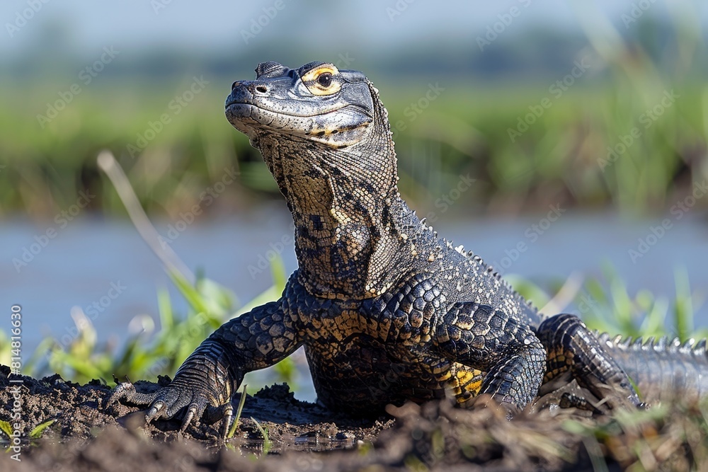 Nile Monitor: Hunting along riverbank with long tail and sharp claws, depicting behavior. Nile Monitor: Hunting along riverbank with long tail and sharp claws, depicting behavior.
