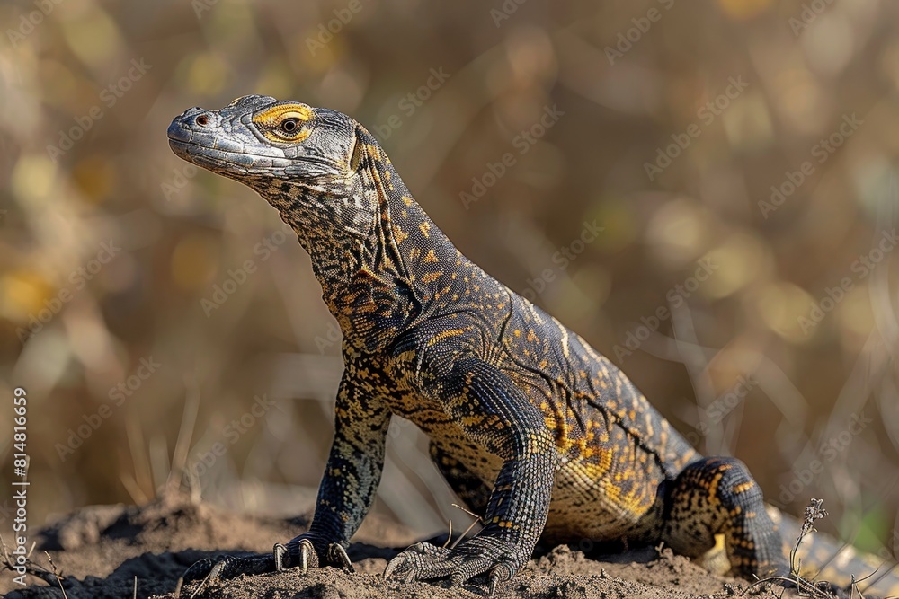 Nile Monitor: Hunting along riverbank with long tail and sharp claws, depicting behavior. Nile Monitor: Hunting along riverbank with long tail and sharp claws, depicting behavior.