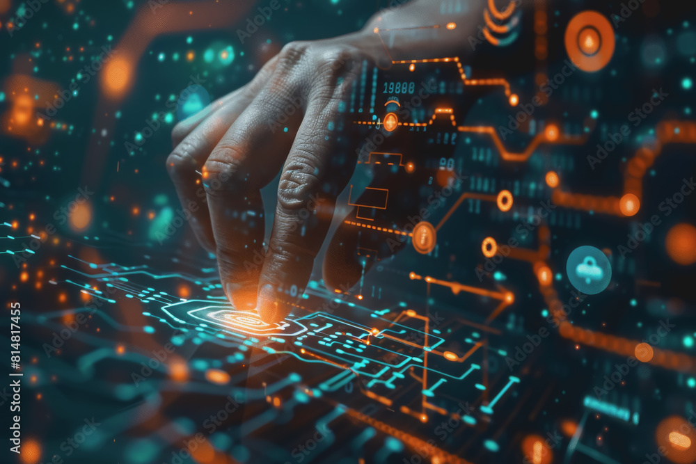 Human hand touching the screen in the digital field, technology, AI, smart device Cyber Security. Human hand touching the screen in the digital field, technology, AI, smart device Cyber Security.