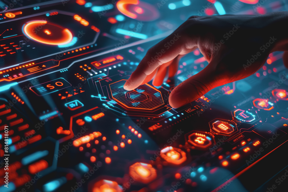 Human hand touching the screen in the digital field, technology, AI, smart device Cyber Security. Human hand touching the screen in the digital field, technology, AI, smart device Cyber Security.