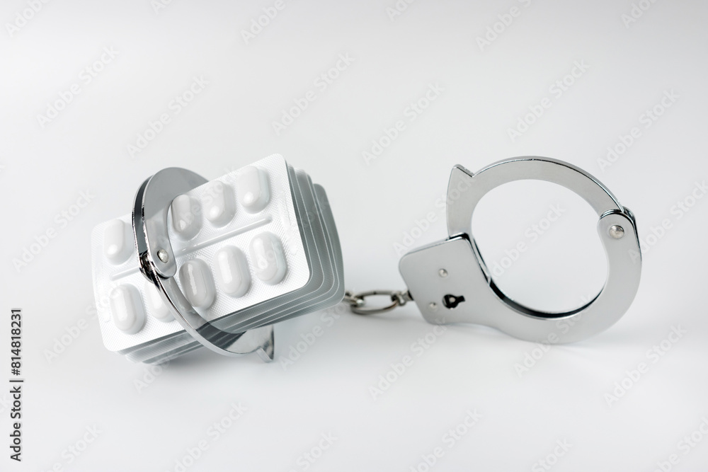 Handcuffs and pill packaging. The concept of drug addiction. Dependence. Handcuffs and pill packaging. The concept of drug addiction. Dependence.