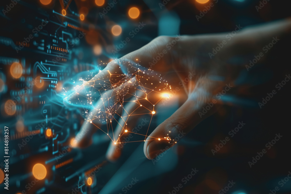 Human hand touching the screen in the digital field, technology, AI, smart device Cyber Security. Human hand touching the screen in the digital field, technology, AI, smart device Cyber Security.