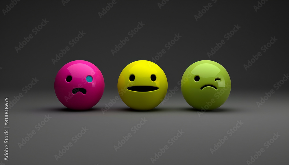 A minimalist 3D of three emojis: a yellow accepting, a magenta bewildered, and a lime cautious emoji, all on a solid dark grey background. A minimalist 3D of three emojis: a yellow accepting, a magenta bewildered, and a lime cautious emoji, all on a solid dark grey background.