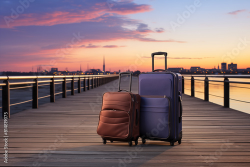 Two travel suitcases on a wooden pier at sunset. Travel concept photo