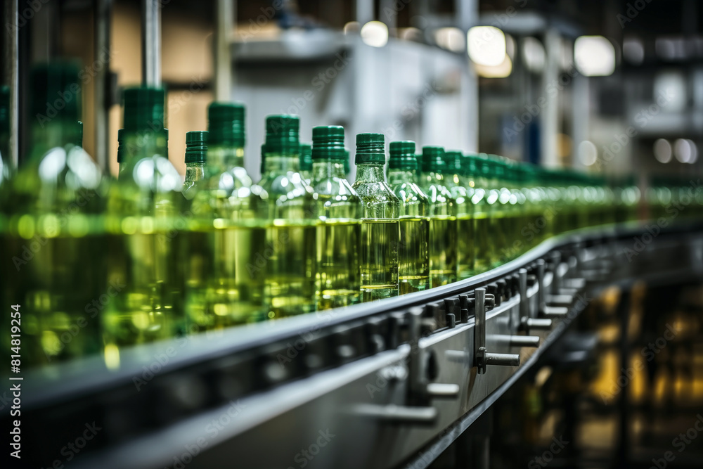 Conveyor belt with bottles of sunflower oil on the production line, background with copy space Conveyor belt with bottles of sunflower oil on the production line, background with copy space