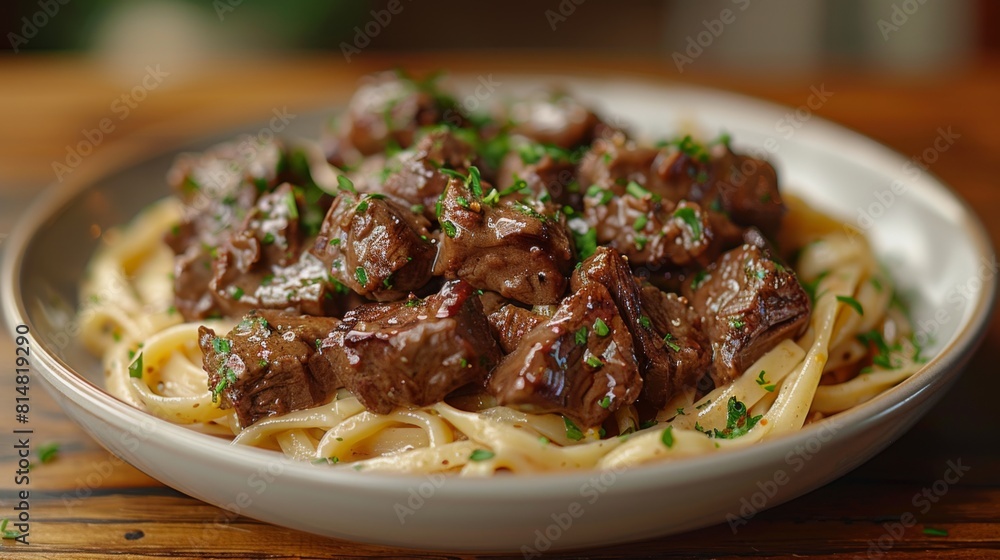 Capture the savory aroma and tender texture of a plate of beef stroganoff, featuring tender strips of beef, creamy sauce Capture the savory aroma and tender texture of a plate of beef stroganoff, featuring tender strips of beef, creamy sauce