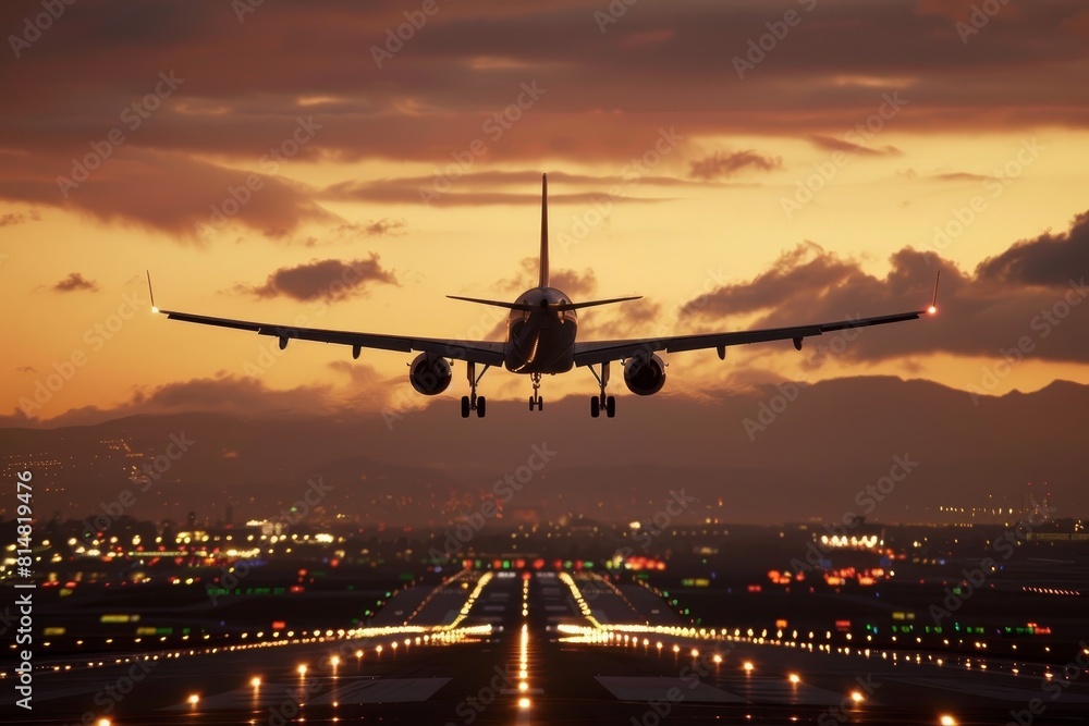 plane is flying over runway with lights on the ground plane is flying over runway with lights on the ground