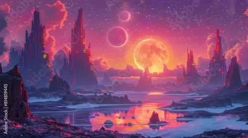 A beautiful landscape of a distant planet with a large moon and a pink sky